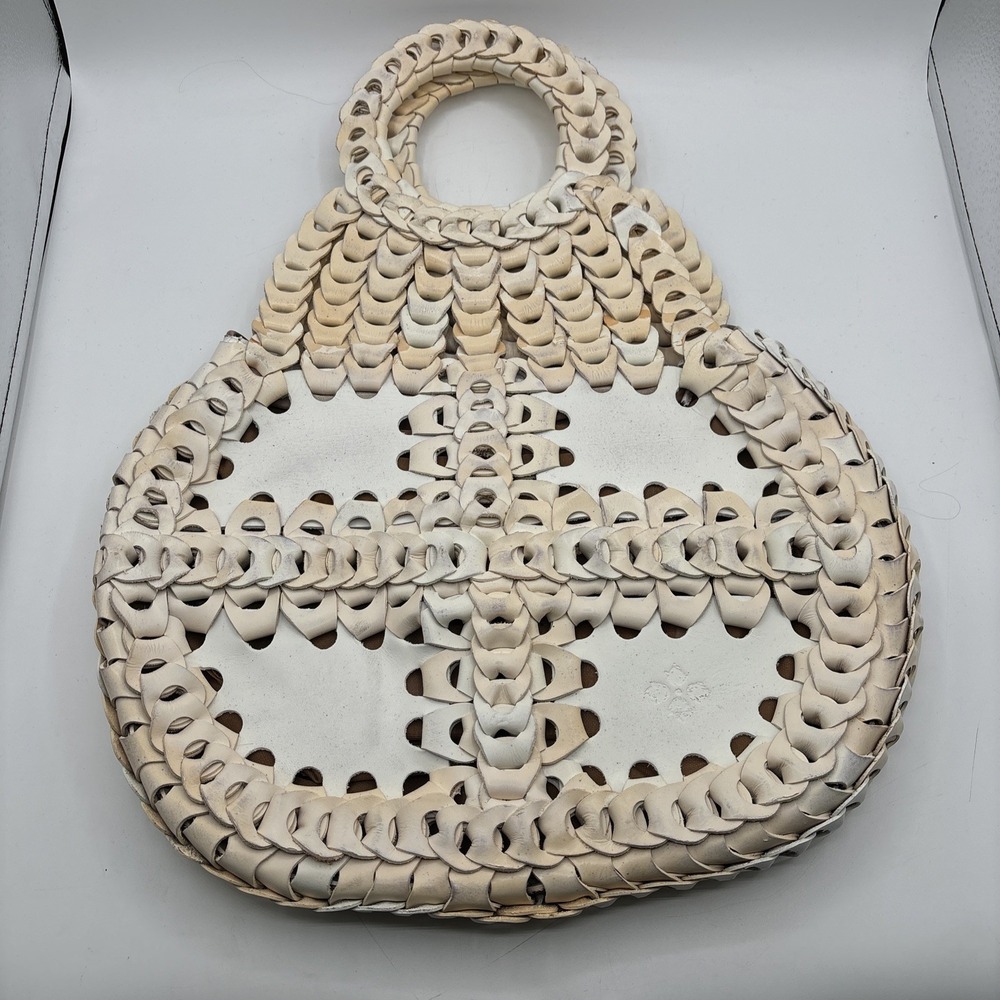 Patricia Nash Pisticci Shoulder Bag Purse Sand Woven Leather Cracking Paint READ